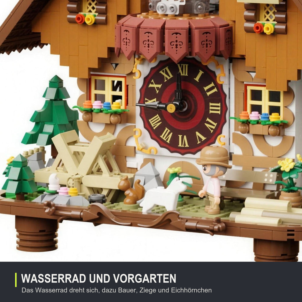 Vorgarten mit Wasserrad, Bauer, Ziege und Eichhörnchen