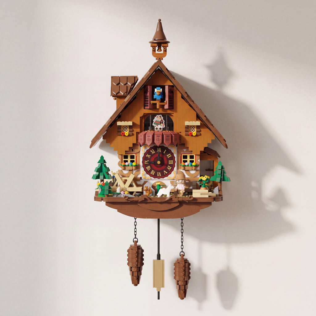 Kuckucksuhr hängend an der Wand mit Pendel und zwei Gewichten